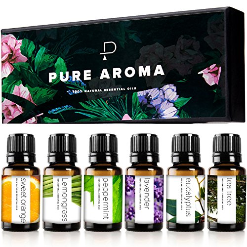 Essential Oils Set by Pure Aroma - Top 6 Aromatherapy Oils Gift Set-6 Pack, 10ml (Eucalyptus, Lavender, Lemongrass, Sweet Orange, Peppermint, Tea Tree) ProductsLogo