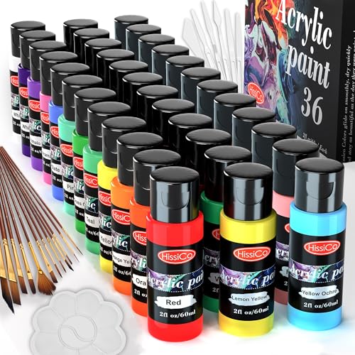 55PCS Acrylic Paint Set of 36 Colors 2fl oz 60ml Bottles 12 Brushes,Non Toxic 36 Colors Acrylic Paint No Fading Rich Pigment for Kids Adults Artists Canvas Crafts Wood Painting ProductsLogo