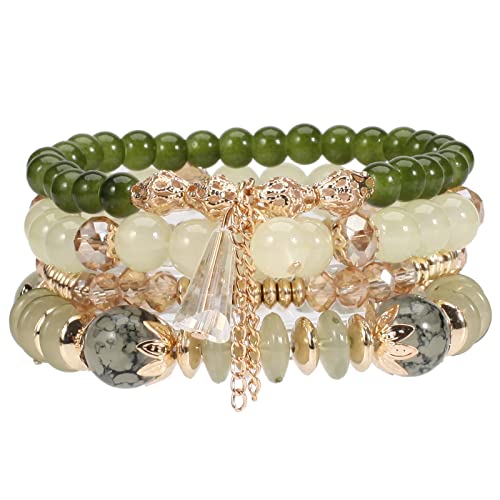 4Pcs Bohemia Multilayer Stackable Beaded Bracelets Set Colorful Crystal Stone Gold Beaded Stretch Bracelets Hawaii Charm Bracelet for Women Men Summer Beach Boho Vacation Jewelry Gifts-Green ProductsLogo