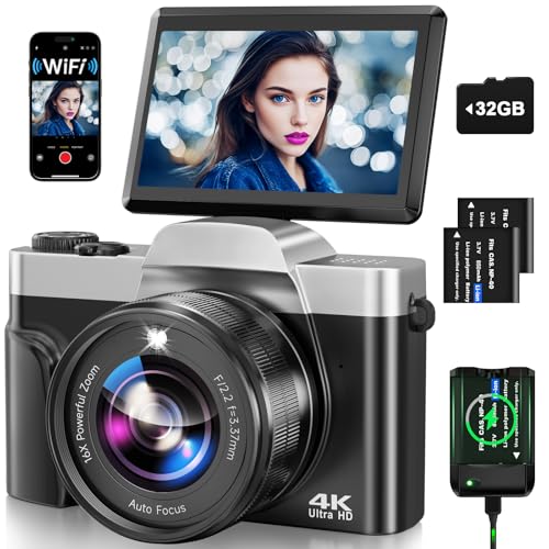 4K Digital Camera for Photography with WiFi, 2025 Latest Auto-Focus Vlogging Camera for YouTube Video 3'' 180° Flip Screen Travel Cameras 16X Zoom Anti-Shake 4K Cameras with SD Card, 2 Batteries ProductsLogo