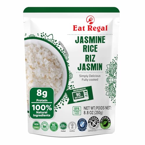 Eat Regal Jasmine Rice Ready to Eat Microwavable in 90 Seconds Shelf Stable, Thai Rice, No Added Sugar, No Cholestrol, Natural Ingredients, Gluten Free Clump-Free, No Kneading, 8.8 oz, Pack of 6 ProductsLogo