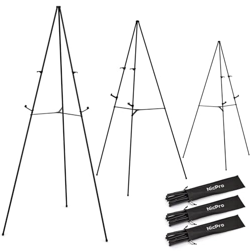 Nicpro Folding Easels for Display, 3 Pack 63 Inch Metal Floor Easel Stand Tripod Black Portable for Artist Poster Wedding with Carry Bag ProductsLogo