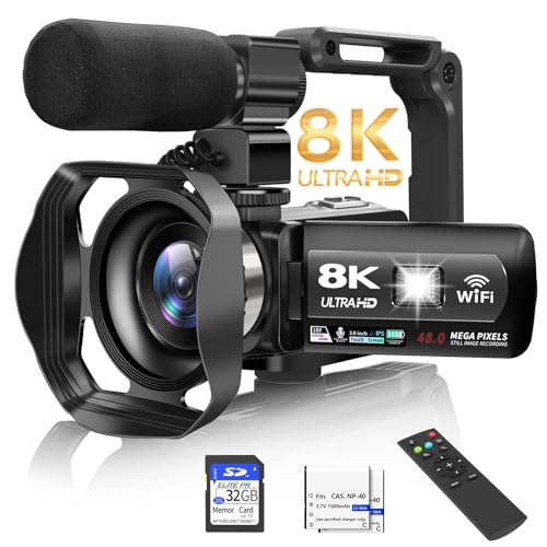 Video Camera, 8K Camcorder 48MP 15FPS UHD WiFi Vlogging Camera with IR Night Vision for YouTube, 3" Touch Screen 18X Digital Zoom, with Fill Light, Mic, Stabilizer, Lens Hood, Remote and 2 Batteries ProductsLogo