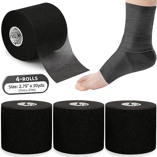 OK TAPE Pre Wrap Tape (4-Rolls, 120 Yards) - Athletic Foam Underwrap for Sports, Protect for Ankles Wrists Hands and Knees, 2.75 Inches - Black ProductsLogo
