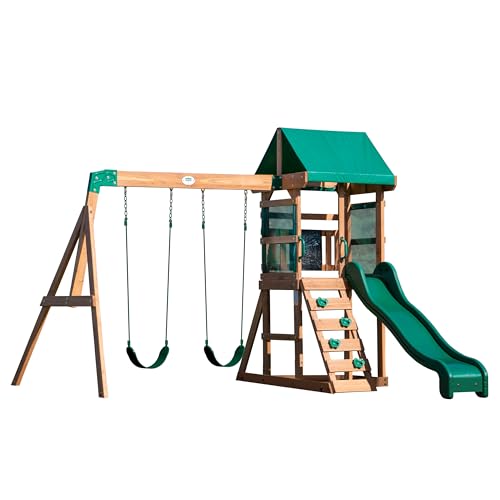 Backyard Discovery Buckley Hill Cedar Wood Swing Set with Wave Slide, Play Deck, Rock Wall Ladder, Belt Swings, Chalkboard, Canopy Roof, Outdoor Playset ProductsLogo