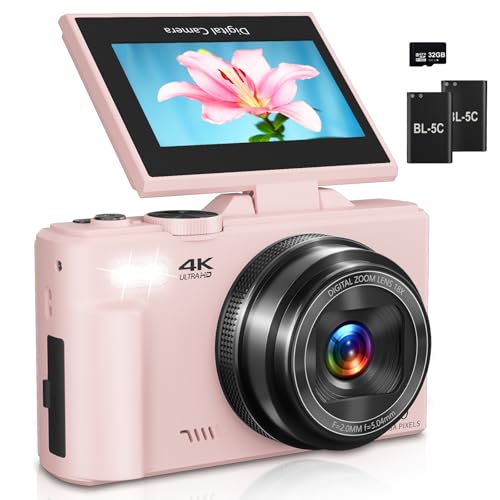 Digital Camera for Photography, 4K Vlogging Camera for YouTube 3" 180° Flip Screen 18X Digital Zoom Compact Cameras with 32GB TF Card & 2 Batteries, Pink ProductsLogo
