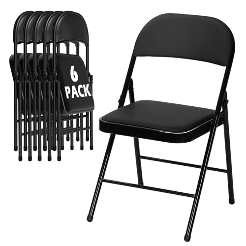 LING RONG 6 Pack Black Folding Chairs with Padded Cushion for Outside, Portable Stackable Commercial Metal Foldable Chairs with Steel Frame for Party Home Events Office Wedding, 350lbs Capacity ProductsLogo