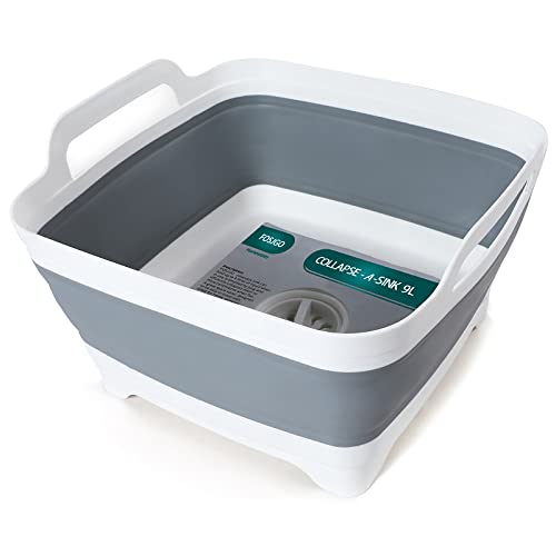 FOSJGO 2.4 Gal(9L) Collapsible Dish Basin with Drain Plug,Space Saving Multiuse Foldable Sink Tub,Dishpan,Kitchen Sink for Camping,Plastic Tub,Vegetable Washing,Beverage Tubs ProductsLogo
