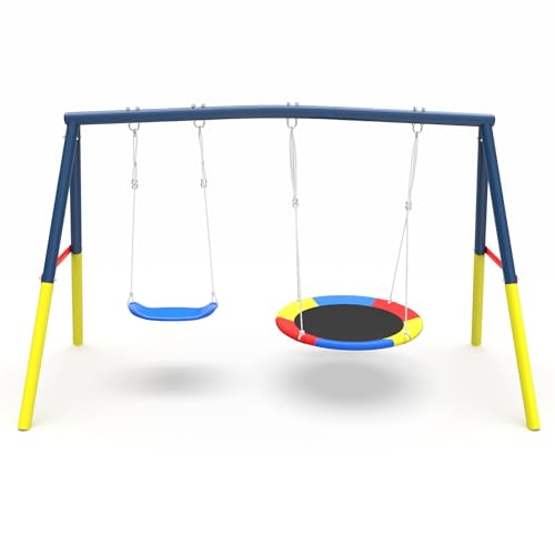 KDYMOD Swing Set for Backyard with Stand, Swing Heavy Duty 440lbs Metal Outdoor Swing Stand, Contain 1 Saucer 32" & 1 Belt seat 26.2" for Playground - Backyard Playset ProductsLogo