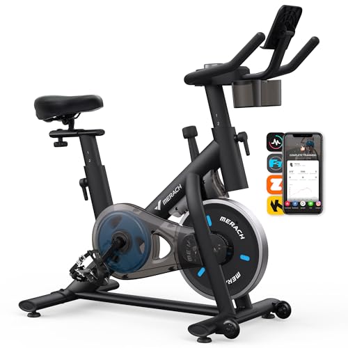 MERACH Exercise Bike, Brake Pad Stationary Bike with Exclusive App, Low Noise Indoor Cycling Bike with 300lbs Weight Capacity, Tablet Mount and Fitness Courses for Weight Loss ProductsLogo