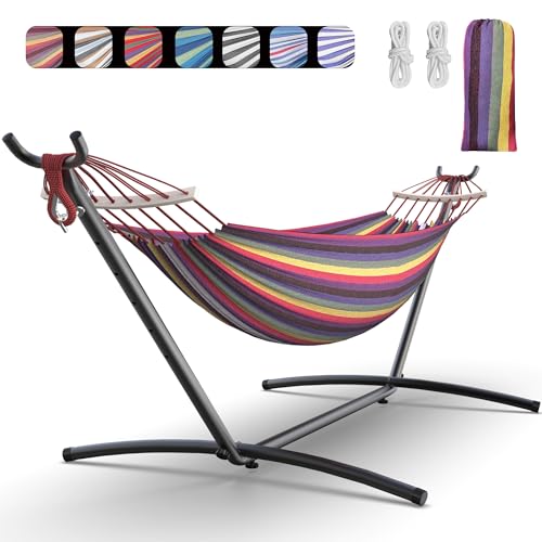 EveryFun Double Hammock with Heavy-Duty Steel Stand,Portable,Easy Assembly,600lbs Weight Capacity,Perfect for Indoor,Yard,Camping,or Outdoor-Rainbow ProductsLogo