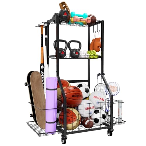 Sports Equipment Organizer, Outdoor Toy Storage Garage Organization - Ball Storage Racks with 2 Side Racks & Durable Baskets, Garage Rolling Ball Cart with Wheels, Hooks for Sports Gear, Bats ProductsLogo