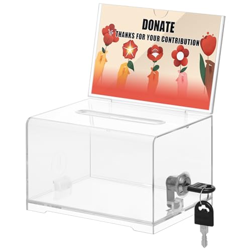 KYODOLED Clear Donation Box for Fundraising with Lock & Sign Holder, Multi-Use Voting and Raffle Box, Tip Jar, Secure Storage, Durable Plastic, 6.2'' x 4.6'' x 4.0'' ProductsLogo