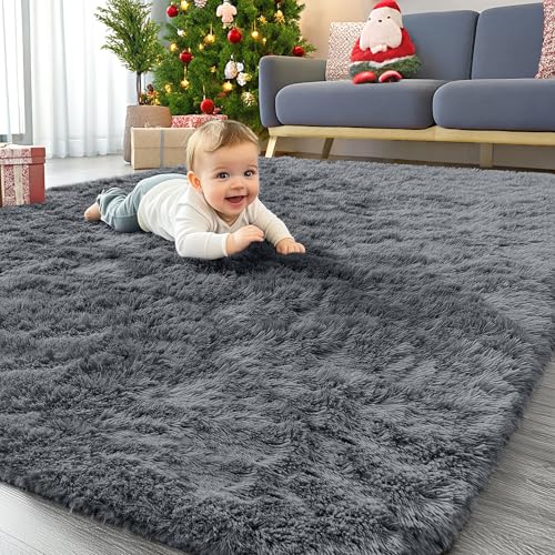 OLANLY Area Rugs for Living Room Bedroom, Machine Washable 4x5.9 ft Soft Fluffy Shaggy Bedside Rug, Indoor Floor Carpet for Kids Girls and Boys, Dorms, Nursery Rooms, Home Decor Aesthetic, Grey ProductsLogo