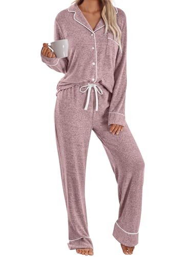 LILLUSORY Womens Pajamas Sets Long Sleeve Lounge Warm Sleepwear 2 pieces Fall Clothes With Pockets Coral M ProductsLogo