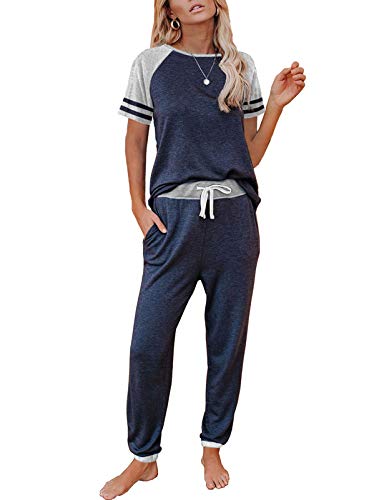 AUTOMET 2 Piece Lounge Sets For Women Summer Pajamas Two Piece Set Travel Outfits Lingerie Sleep Loungewear Matching Clothing Navy Blue M ProductsLogo