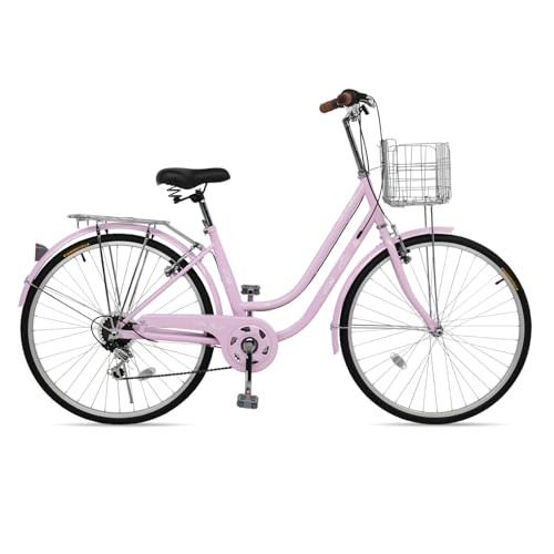 CamPingSurvivals 26" Beach Cruiser Bike, Commuter Bicycle, 7 Speed/Linear Pull Brakes/Widen Seat Men & Women Bike, Adult and Teens Bicycle for Urban Commuter(Pink) ProductsLogo