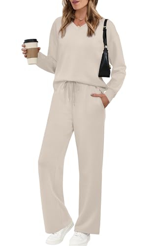 Lounge Sets for Women Airport Travel Outfits 2 Piece Sets for Women Sweatsuits Comfy Matching Set Clothing Early Fall Fashion Must Haves 2025 Wide Led Pants Two Piece Outfits Vacation Clothes Beige M ProductsLogo