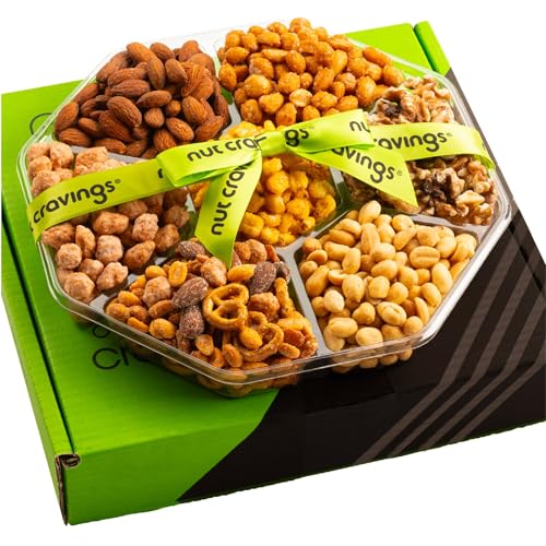NUT CRAVINGS - Diwali Sweets Hamper Mid-Autumn Festival Mixed Nuts Gift Basket + Green Ribbon Classic (7 Assortments, 1 LB) Food Arrangement, Healthy Snack Care Package, Food Assortments ProductsLogo