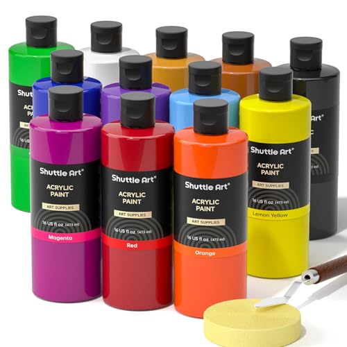 Shuttle Art Acrylic Paint, 12 Colors Acrylic Paint Large Bottle Set, 473ml/16oz Each, Rich Pigments, High Viscosity, Bulk for Artists, Beginners and Kids on Rocks Crafts Canvas Wood ProductsLogo