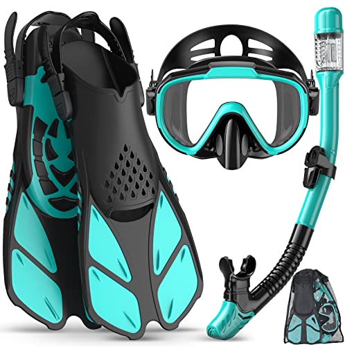 Ubekezele Snorkeling Gear for Adults Men Women,4 in 1 Snorkel Set with Panoramic View Diving Mask Anti-Fog Anti-Leak,Dry Top Snorkel,Fins and Travel Bag for Swimming,Snorkeling and Travel Diving ProductsLogo