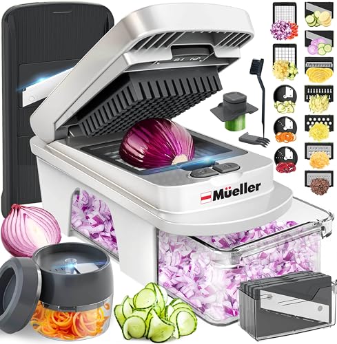 Mueller Pro-Series All-in-One, 12 Blade Mandoline Slicer for Kitchen, Food Chopper, Vegetable Slicer and Spiralizer, Cutter, Dicer, Grater, Kitchen Gadgets Sets with Container, White Sand/Gray ProductsLogo