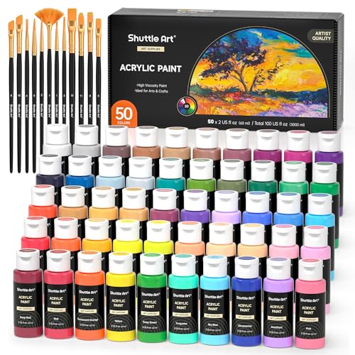 Shuttle Art Acrylic Paint, 50 Colors Acrylic Paint Set, 2oz/60ml Bottles, Rich Pigments, Water Proof, Premium for Artists, Beginners and Kids on Canvas Rocks Wood Ceramic Fabric ProductsLogo