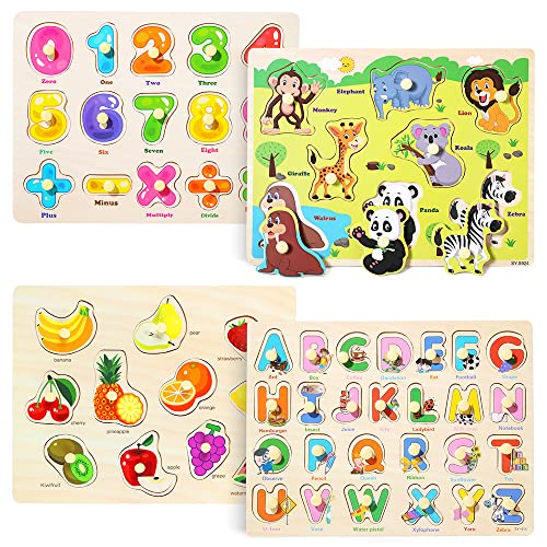 GRINNNIE Wooden Peg Puzzle for Toddlers 3 4 5 Years Old, 4 PCS Montessori Educational Learning Puzzles Set-Numbers, Letters, Animals and Fruits, Great Preschool Gifts for Girls and Boys ProductsLogo