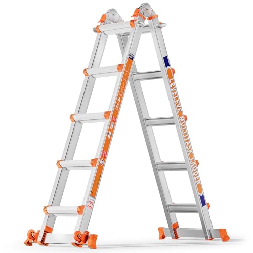 LEVELEVE A Frame 5 Step Ladder, 17FT Extension Ladder with Stabilizer Bar & Wheels,330 lbs Security Load Multi Position Ladder for Stairs Home Indoor Outdoor Roof ProductsLogo