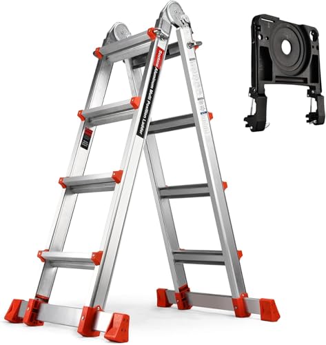 Soctone Ladder, A Frame 4 Step Extension Ladder, 14.5 Ft with Multi Position & Removable Tool Tray with Stabilizer Bar, 330 lbs Weight Rating Telescoping La dder for Household or Outdoor Work ProductsLogo