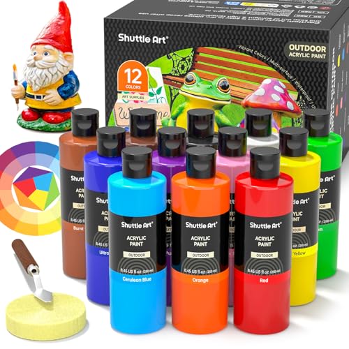 Shuttle Art Outdoor Acrylic Paint Set, 12 Colors Waterproof Paint, 8.45oz/250ml Large Bottles, Rich Pigmented Bulk Painting Supplies for Artists, Beginners on Rocks, Wood, Wall, Crafts, Garden Statues ProductsLogo