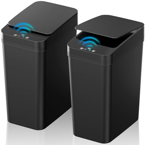 Bathroom Trash Can with Lid, KOEYLE 2 Pack 2.2 Gallon Automatic Touchless Garbage Can, Small Motion Sensor Smart Trash Can, Slim Waterproof Trash Bin for Bedroom, Bathroom, Office, Living Room (Black) ProductsLogo