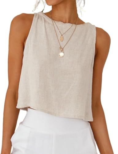 Linen Shirts for Women 2025 Summer Tops Beach Vacation Clothes Crop Tank Cute Y2k Sleeveless Tops, Beige, L ProductsLogo