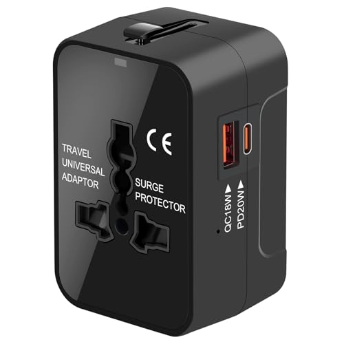 Universal Travel Adapter Worldwide, GaN Fast Charging with PD 3.0 USB-C & USB-A Quick Charge Ports, All-in-One International Power Plug Adapter Converter AC Wall Charger for Europe USA UK AUS Black ProductsLogo