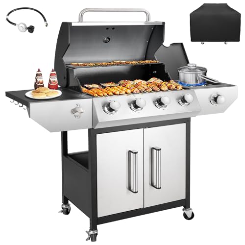 Kendane 4-Burner Propane Gas BBQ Grill with Side Burner, Barbecue Gas Grill with Enameled Cast Iron Grates for Outdoor Patio Garden Barbecue, 53,000 BTU, Stainless Steel Grill Cover included ProductsLogo
