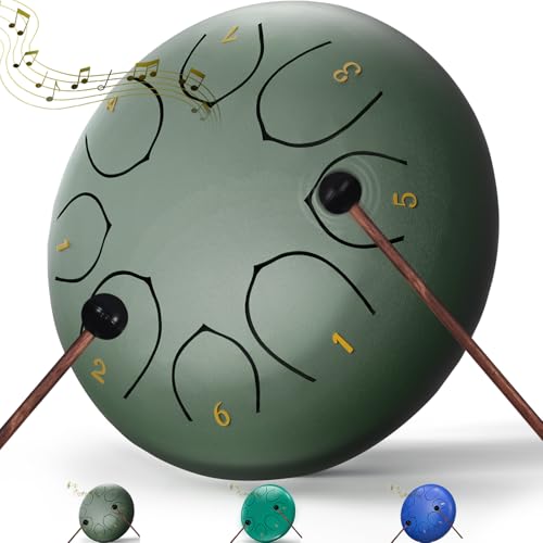Rain Drum for Outside Garden, 6 Inches 8 Notes Steel Tongue Chakra Drums, Waterproof Meditation Rain Chime, Musical Instruments for Adult Gift with Bag, Music Book, Drum Mallets (Green) ProductsLogo