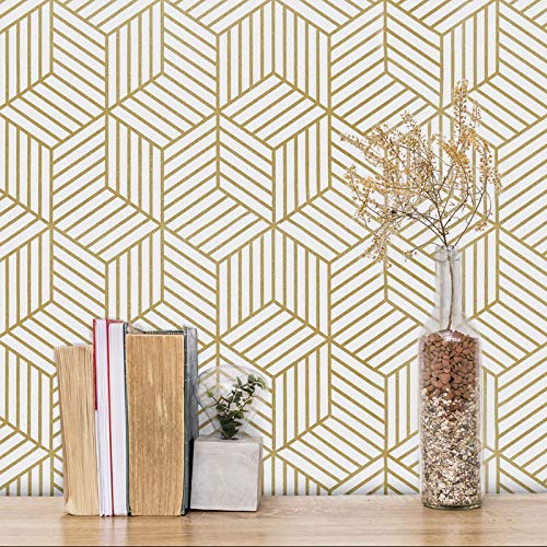 MelunMer Geometric Peel and Stick Wallpaper Gold 118In L 17.7In W Self Adhesive Removable Wallpaper for Bedroom/Bathroom Waterproof Modern Contact Paper for Cabinets Gold Contact Paper Shelf Liner ProductsLogo