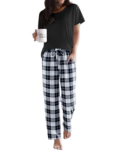 Ekouaer Pajama Sets for Women 2 Piece Short Sleeve Pj Sets With Long Printed Pants Loose Lounge Sets Black-White Plaid Large ProductsLogo