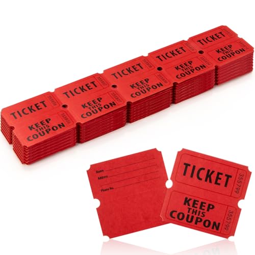 200PCS Double Roll Raffle Tickets - 50/50 Writable Raffle Tickets Perforated Line Consecutive Numbers Tearable Suitable for Raffles, Events, Carnivals, Entry, Party, Lottery, Prizes, Red ProductsLogo