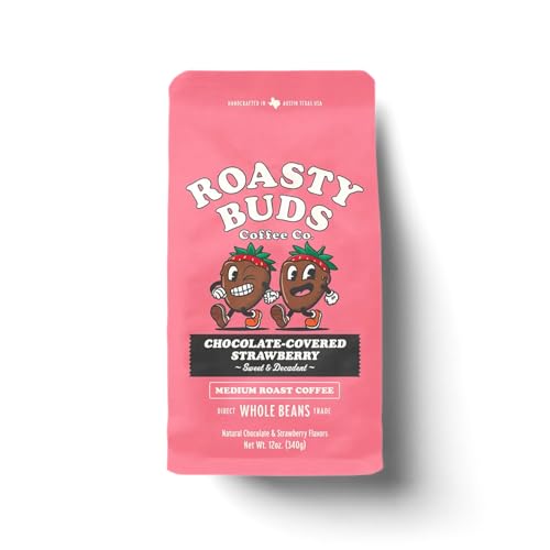 Roasty Buds Chocolate Strawberry Whole Bean Coffee – 12oz Bag | Medium Roast | 100% Arabica Beans | Dessert-Inspired, Gluten-Free, Non-GMO, No Sugar or Dairy | Fresh-Roasted Flavored Coffee ProductsLogo