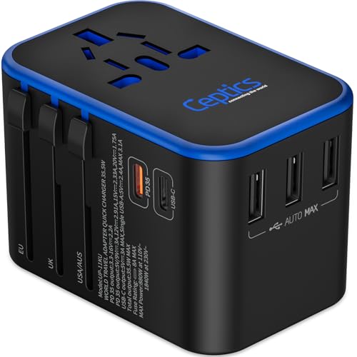 Ceptics Universal Travel Adapter, 35W International Power Adapter with PD & QC 3.0 Dual USB-C, 3 USB Travel Adapter Worldwide, Type I C G A Outlets 110V 220V A/C - EU Euro US UK (11-KU) ProductsLogo
