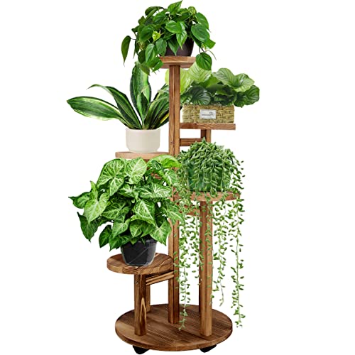 GEEBOBO 5 Tiered Tall Plant Stand for Indoor, Wood Plant Shelf Corner Display Rack, Multi-tier Planter Pot Holder Flower Stand for Living Room Balcony Garden Patio (Walnut) ProductsLogo