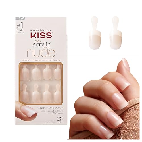 KISS Salon Acrylic Nude French Tip Press On Nails Short, ‘Breathtaking’, Beige, Squoval, Includes 28 Fake Nails, Nail Glue 2g, 1 Manicure Stick, 1 Mini File ProductsLogo