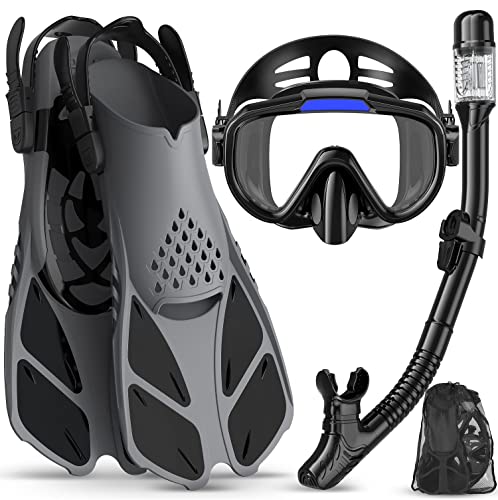Ubekezele Snorkeling Gear for Adults Men Women,4 in 1 Snorkel Set with Panoramic View Diving Mask Anti-Fog Anti-Leak,Dry Top Snorkel,Fins and Travel Bag for Swimming,Snorkeling and Travel Diving ProductsLogo
