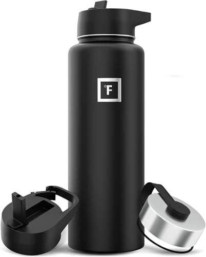 IRON °FLASK Camping & Hiking Hydration Flask with 3 Lids - Stainless Steel, Double Walled & Vacuum Insulated Water Bottle - Leak Proof & BPA Free (Midnight Black, Straw - 40 oz) ProductsLogo