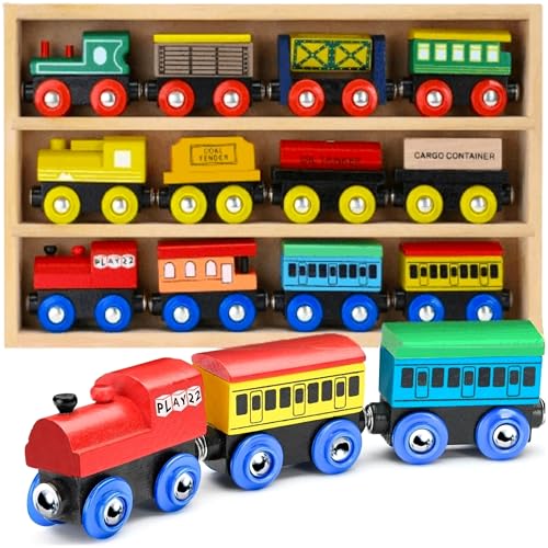 Wooden Train Set 12 PCS - Train Toys Magnetic Set Includes 3 Engines - Toy Train Sets For Kids Toddler Boys And Girls - Compatible With All Major Brands - Original - By Play22 ProductsLogo