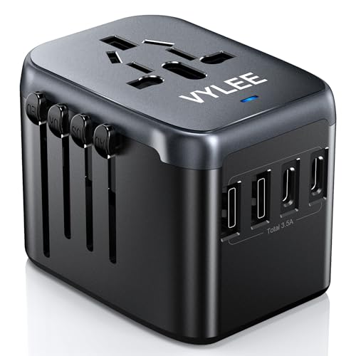 Universal Travel Adapter, VYLEE 5 in 1 International Power Adapter, 3.5A 2xUSB-A and 2xUSB C Wall Charger, Worldwide Travel Essentials Plug for Europe USA UK AUS Asia (Black Grey) ProductsLogo