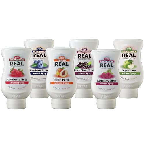Reàl Fruit Infused Flavoring Syrup Variety - Strawberry, Raspberry, Peach, Blueberry, Black Cherry, Crisp Apple (Pack of 6, 16.9 FL OZ Bottles) ProductsLogo