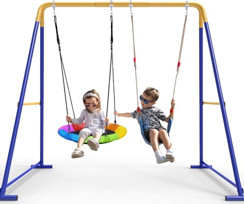 Swing Sets for Backyard, Toddler Swing Set with 2 Seat 1 Saucer & 1 Belt Seat, 440lbs Heavy-Duty Swing Frame w/8 Ground Stakes, A Frame Outdoor Swingset for Kids and Adults for Backyard ProductsLogo