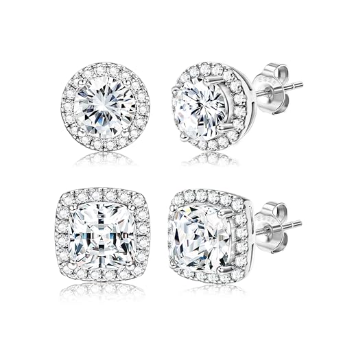 Hayoso 18K Gold Plated Halo Stud Earrings 925 Sterling Silver Cubic Zirconia Stud Earrings Round Square Diamonique Stud Earrings Set for Women Men - Silver ProductsLogo